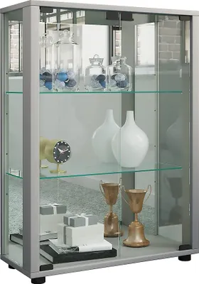 Produktbild von Glasvitrine stehend | Vitrine Glas mit ESG-Sicherheitsglas | Maße ca. H. 80 x B. 60 x T. 25 cm | Standvitrine Glas | Modern und platzsparend | Glas Vitrinenschrank – Sintalo Spiegel