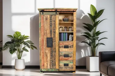 Produktbild von Highboard Mangoholz massiv bunt Hochschrank 90 x 150 x 45 cm LIBRO