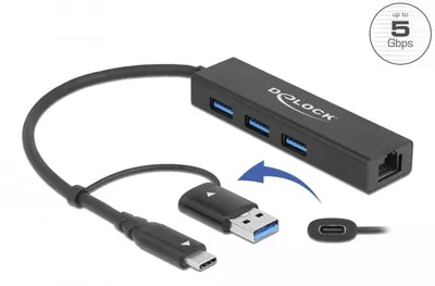 Image de DELOCK 3 Port USB 3.2Gen1 Hub Gigabit LAN USB Typ-C o. Typ-A