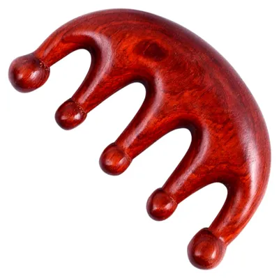Produktbild von Natürlicher Padauk Holzkamm mit breiten Zähnen und runden Perlen – Fünfzinkiger Kopfmassagekamm für den Haushalt