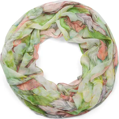 Produktbild von styleBREAKER Damen Loop Schal mit buntem Feder Muster, leichter sommerlicher Boho Schlauchschal mehrfarbig 01016239
