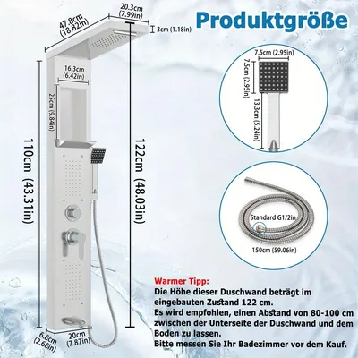 Produktbild von Duschsystem – Duscharmatur – Duschpaneel – Dusche – Regendusche – Edelstahlpaneel – 5 Duschstufen