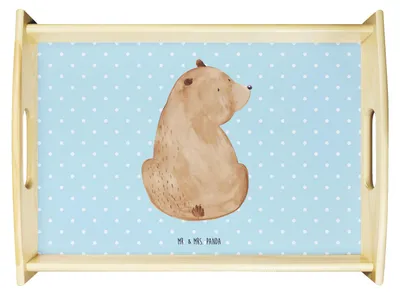 Produktbild von Mr. & Mrs. Panda Tablett Bär Schulterblick - Blau Pastell - Geschenk, Teddy, Weltansicht, Weisheit, kaffeetablett, Selbstachtung, holz, Motivation, betttablett, Deko