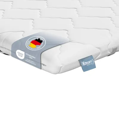 Close-up of a white mattress topper with labels.