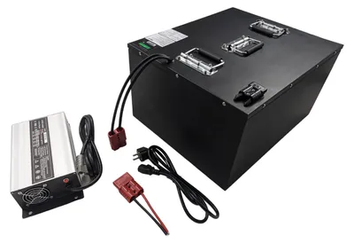 A black lithium battery pack with a silver charger and cables on a white background.