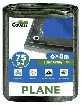 Image de Bâche de protection 6 m x 8 m, 75 GSM, en HDPE avec protection UV et œillets, résistante aux intempéries, bleu/vert
