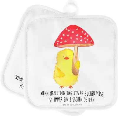 Produktbild von Mr. & Mrs. Panda Topfuntersetzer Küken Fliegenpilz - Weiß - Geschenk, Ostergrüße, Topflappen Set, topfhalter, Ostern, Glückspilz, Ofenlappen, Frohe, Kochlappen