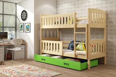 Image de Lit superposé enfant avec rangement et matelas 90x200 BRIGID - pin / vert