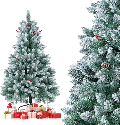 A frosted artificial Christmas tree with red berries and pine cones, decorated with gifts at its base.