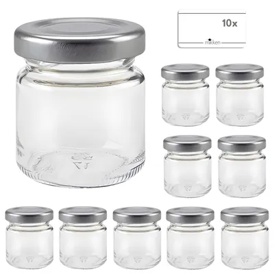 10 Mini-Einmachgläser 53 ml mit Deckel & Etiketten