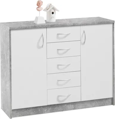 Produktbild von Kommode - Betondekor - Weiß matt - 109 x 86 cm - 2 Türen - 5 Schubladen - 4 Einlegeböden