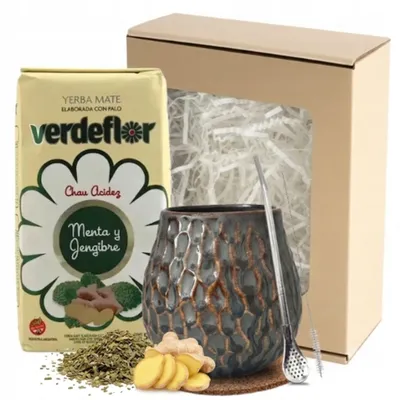 Image de Coffret Cadeau Yerba Mate : Yerba Mate Verdeflor au gingembre et matero en paille