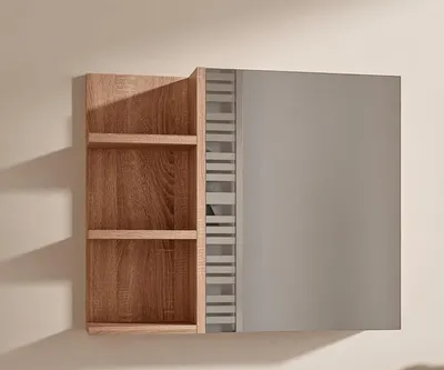 Produktbild von Eiche Sonoma Badezimmerschrank mit Spiegel und Ablagen B:60 x H:50 cm Spiegelschrank 1 Tür Bad Hängeschrank Griffloser Öffnung Ablagen Links