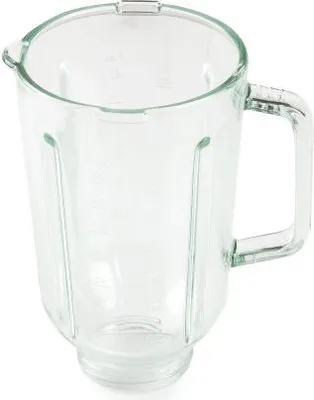 A clear glass blender jug with a handle and measurement markings.