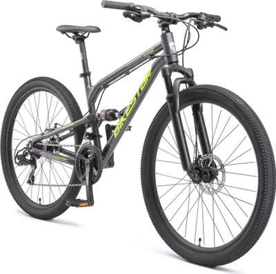 Produktbild von BIKESTAR Vollgefedert Aluminium Mountainbike 27.5 Zoll, 21 Gang Shimano Schaltung mit Scheibenbremse | 16,5 Zoll Rahmen Fully MTB Erwachsenen- und Jugendfahrrad | Schwarz