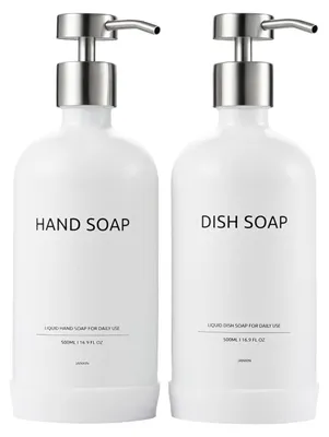 Immagine prodotto di Distributore di sapone in vetro bianco, capacità 500 ml, set da 2 pezzi con pompa in acciaio inossidabile e base in silicone