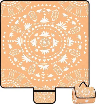 Produktbild von Unyqoos® wasserdichte XXL-Picknickdecke 200 x 200 cm – sandfrei, für 4–6 Personen, faltbar 32 x 22 cm, Orange (Orangenblütenmuster)