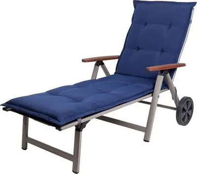 A blue chaise lounge with a cushion and wooden armrests, shown on a white background.