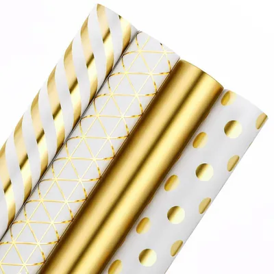 Obrázok produktu pre Darčekový papier, 4 rolky, biela a zlatá farba, 43 cm x 3 m