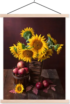 Produktbild von MuchoWow® Textilposter Sonnenblumen - Apfel - Stilleben 40x53 cm mit holzfarbenen Rahmen - Schlafzimmer