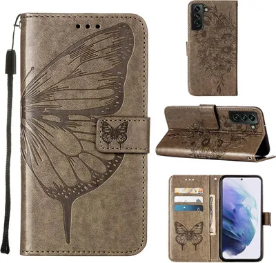 Produktbild von Galaxy S23 Plus Hülle, Schmetterling Prägung Flip Leder Kartenfächer Schutzhülle Ledertasche mit Ständer für Samsung Galaxy S23 Plus Grau