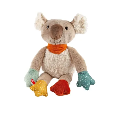 A plush koala toy with colorful patchwork paws and feet, wearing an orange bandana.
