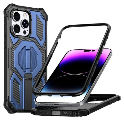 Image de Étui magnétique pour iPhone 13 Pro Max / iPhone 12 Pro Max, compatible avec MagSafe, avec support métallique, étui antichoc de qualité militaire, bleu