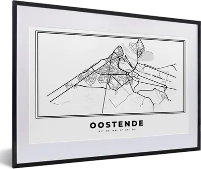 Produktbild von MuchoWow® Gerahmtes Poster Karte - Ostende - Belgien - Schwarz und weiß - Stadtplan 60x40 cm - Poster mit Schwarzem Bilderrahmen Wandposter Rahmen Foto Bilder - Schlafzimmer - Plakat in Rahmen - Drucken