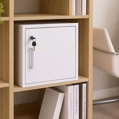 A white safe with a key is placed on a shelf in a wooden bookcase. Books are visible on the shelf below.