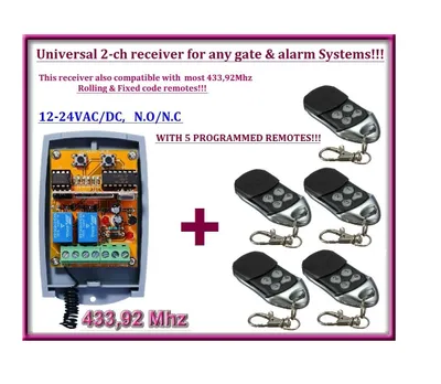 Produktbild von Universal 2-Kanal-Rolling Code Empfänger + 5 Fernbedienungen, zu bedienen jede Garage Tor Automatisierung/Alarm System/einige andere Geräte, 12–24 V DC, 433,92 MHz No/Nc