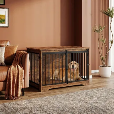 Produktbild von Hundekäfig Möbel, 100 cm Hundebox, 2 Türen, Schwarz | Schiebetüren, Moderne Hundebox Holz Indoor für Mittlere/Große Hunde, Hundekäfig für Zuhause