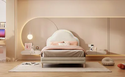 Image de OKWISH Lit simple 90x200 cm capitonné avec LED et Tête Nuage - Beige