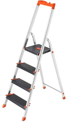 Produktbild von Aluminium-Stehleiter, 4 Stufen, rutschfest, Werkzeugablage, schwarz-orange