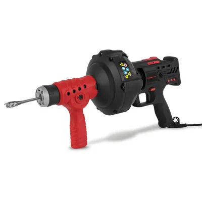 A product shot of a drain cleaning machine against a white background.