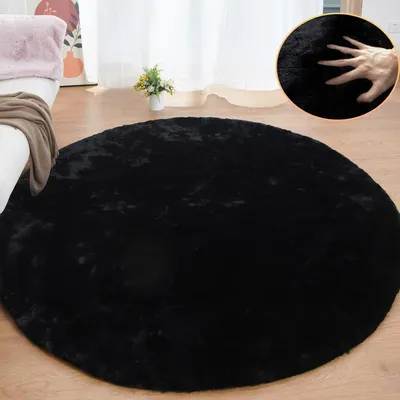 Produktbild von Runder Kunstfell Teppich 240 cm Schwarz Flauschig Waschbar