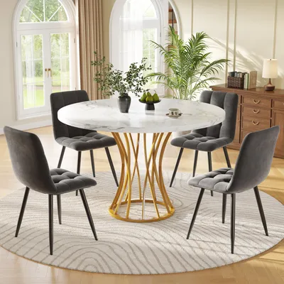 Obrázek produktu pro Jídelní set Sweiko (5 kusů), jídelní set se 4 židlemi, moderní kuchyňský set, kulatý kuchyňský stůl o průměru 80 cm, zlaté kovové nohy, bílá mramorovaná deska stolu, šedé sametové jídelní židle