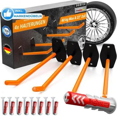 Produktbild von 𝗗𝗢𝗥𝗙𝗘𝗥 Halterung Wand I 4er Set Wandhalterung Garage inkl. Deutschen Marken-Dübeln & Schrauben verzinkt I Mehrzweck Wandhaken