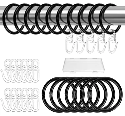 Image de 30 anneaux métalliques pour rideau de douche avec 50 crochets en plastique, anneaux pour rideau de douche, diamètre intérieur de 30 mm (noirs)