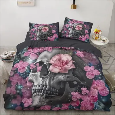 Obrázek produktu pro Sada povlečení 200x220 cm, motiv lebka a květiny, gotický styl, 3 díly, mikrovlákno, se zipem, 2 povlaky na polštáře 80x80 cm