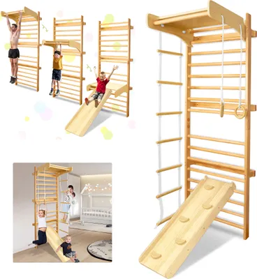 LZQ 6 w 1 ścianka wspinaczkowa ścianka wspinaczkowa ścianka wspinaczkowa rusztowanie sprzęt gimnastyczny Wood Kids Indoor z drążkiem do podciągania / pierścieniami / drabinką wspinaczkową i drabinką linową