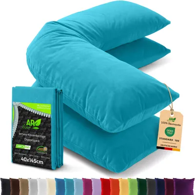 Produktbild von AR Line 2er Pack Jersey Kissenbezüge 40x145 Baumwolle – weich, atmungsaktiv, Seitenschläferkissen Bezug mit Reißverschluss, in Farbe: Türkis