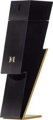 A black lightning bolt shaped perfume bottle with gold accents.