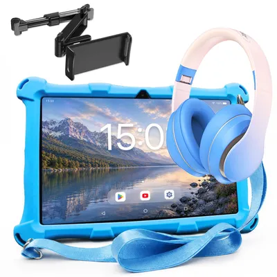 Produktbild von AngelTech Kindertablet XL Blau XL mit Kopfhörer und Tablet-Halterung