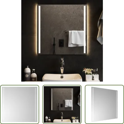 A bathroom scene featuring a sink, faucet, and a lit mirror, with additional product shots below.
