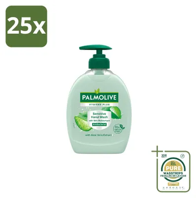 Imagen del producto de 25 unidades de jabón líquido para manos Palmolive Hygiene Plus Sensitive, con aloe vera, de 300 ml. Paquete de suministro