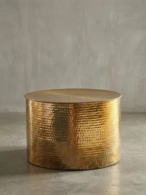 Produktbild von Couchtisch 61 x 40,5 x 61 cm Aluminium Gold Beistelltisch Orientalisch Rund, Flacher Hammerschlag Sofatisch Metall, Design Wohnzimmertisch Modern, Loungetisch Indisch Stubentisch