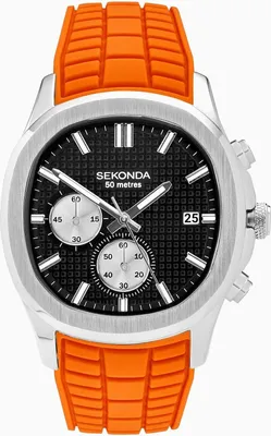 A close-up studio shot of a men's wristwatch with an orange strap.