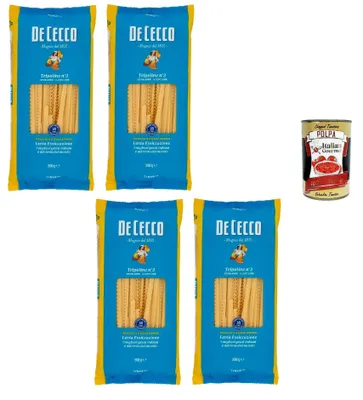 Produktbild von De Cecco Italian Gourmet Bundle Tripoline N°3 4 x 500 g + Italian Gourmet Polpa, italienische Pasta aus Hartweizengrieß, 2 kg Vorteilspack, Kochzeit 8 Minuten