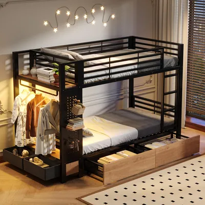 Produktbild von MODFU Etagenbett 90 x 200 mit LED,Jugendbett mit4 Schubladen und Bettkonstruktion,Doppelbett mit Eisenrahmen,ohne Matratze,Schwarz