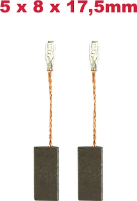 Two carbon brushes with copper wires and connectors, with dimensions printed above.